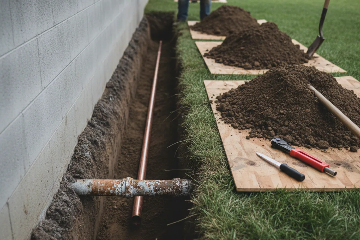 Excavated water line trench during Water Softener Installation in East Freetown